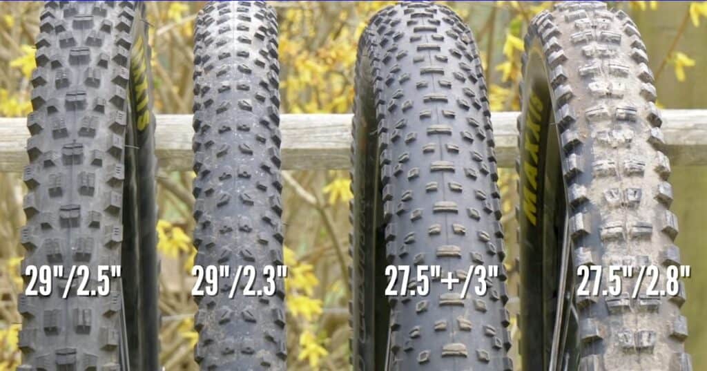 mtb tire sizes next to each other: standards enduro, plus size and fat tires