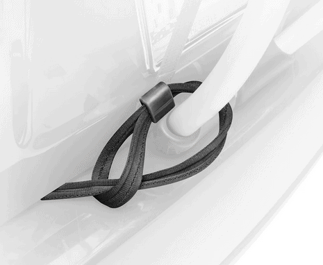 Thule bike rack safety lock strap wrapping around the car rack and into the car under the trunk door or side doors.