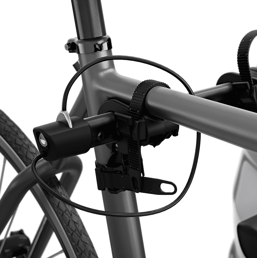 Hanging cradle bike rack with an integrated bike lock.